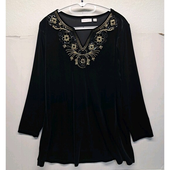 Susan Graver Tops - Susan Graver Embellished Beaded 3/4 Sleeve Velvet Black Women's XL Top